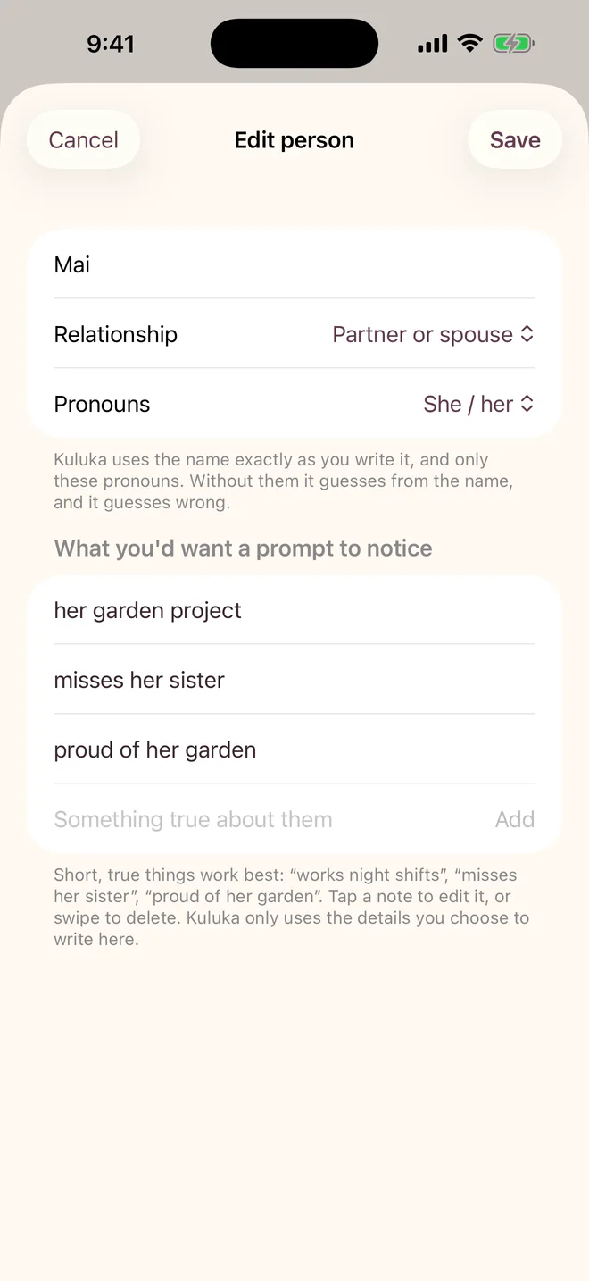 Illustrative earlier edit-person screen for the fictional person Mai with relationship, she and her pronouns, and three details