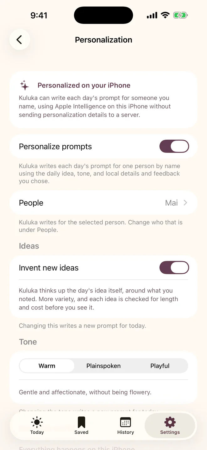 Illustrative earlier personalization settings screen for the fictional person Mai with tone controls