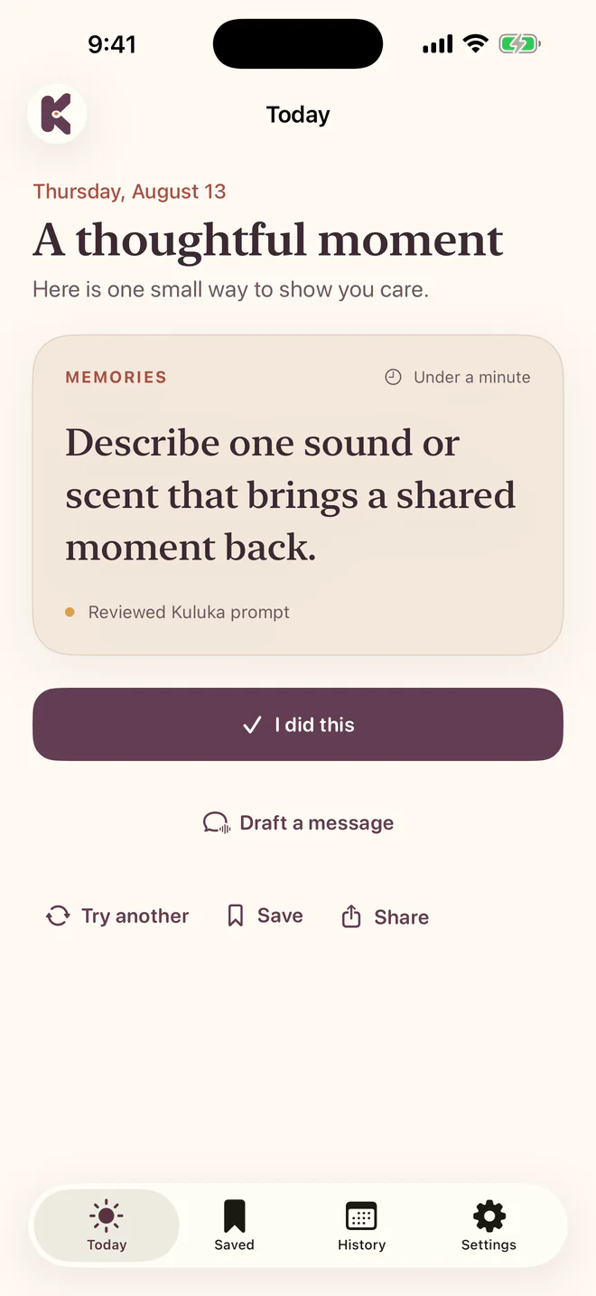 Kuluka Today screen showing a daily kindness prompt and actions to complete, save, share, or swap it